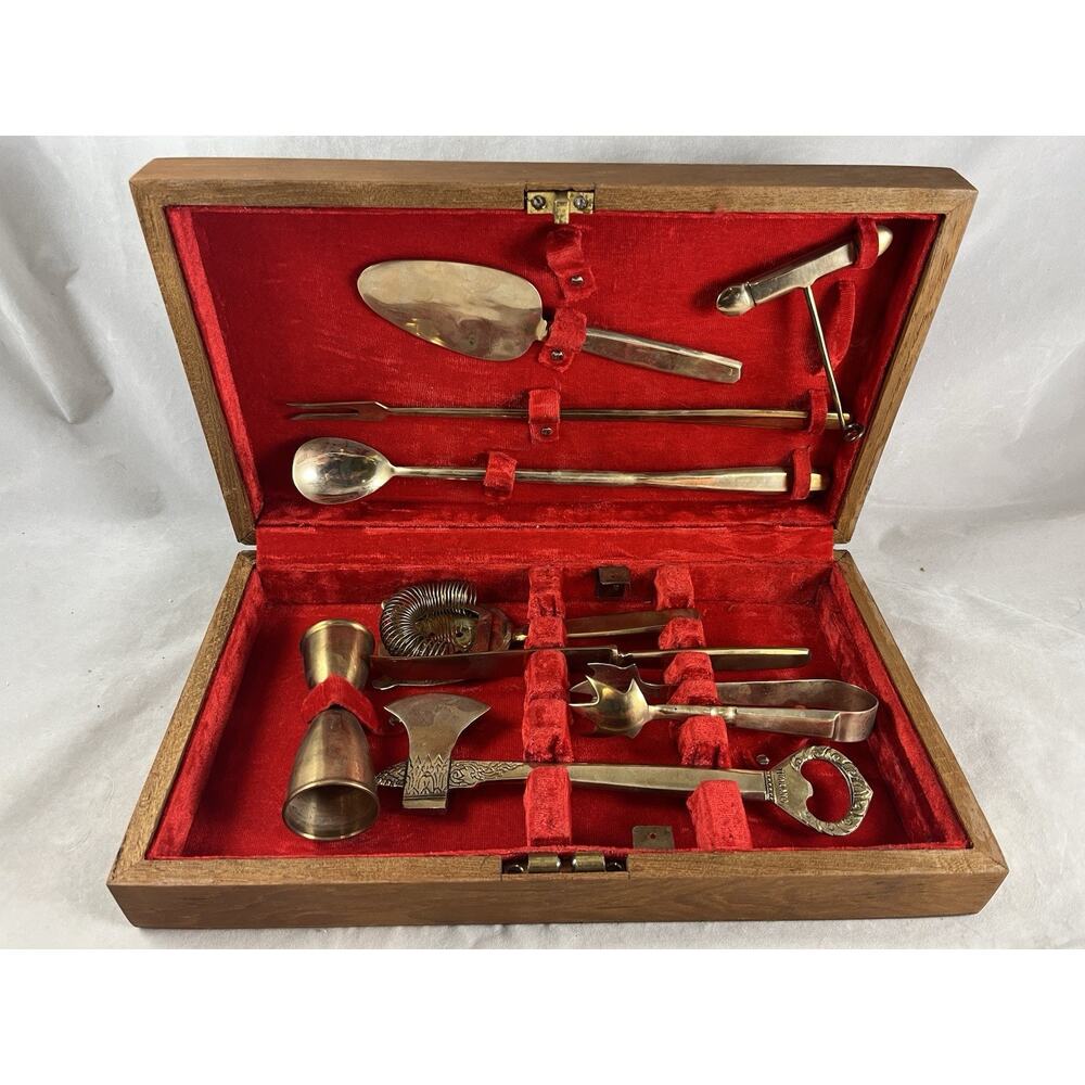 Brass Bartenders Tool Set Wooden Case 7 Pc Vintage Mid Century Made in Thailand